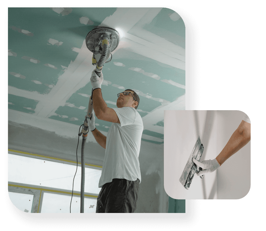 Man using vacuum sanding machine on ceiling and walls designed with small image of home improvement - putty knife in hand